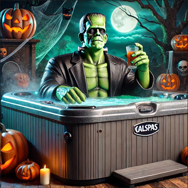 Frankenstein's Monster enjoy's a Bloody Mary (Shelley) in a Cal Spas hot tub while his pumpkin friends look on, under a full moon.