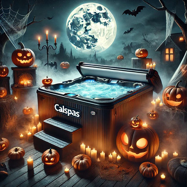 Happy pumpkins surround a spooky Cal Spas hot tub, with bats and spiderwebs and candles, under a full moon. Bring your own treats.