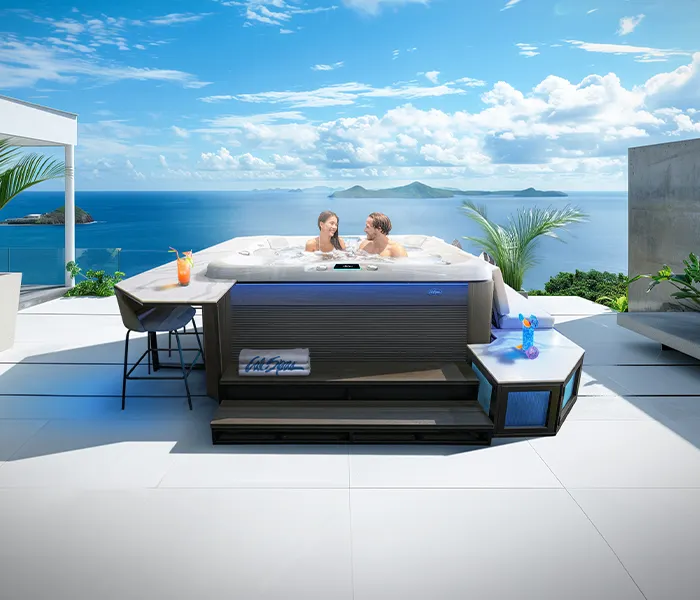 Cal Spas Hot tub shown with Elite Horizontal cabinet panels, storage bench, corner bench, and bar.